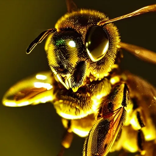 Prompt: honey bee made of metal, shiny, glowing