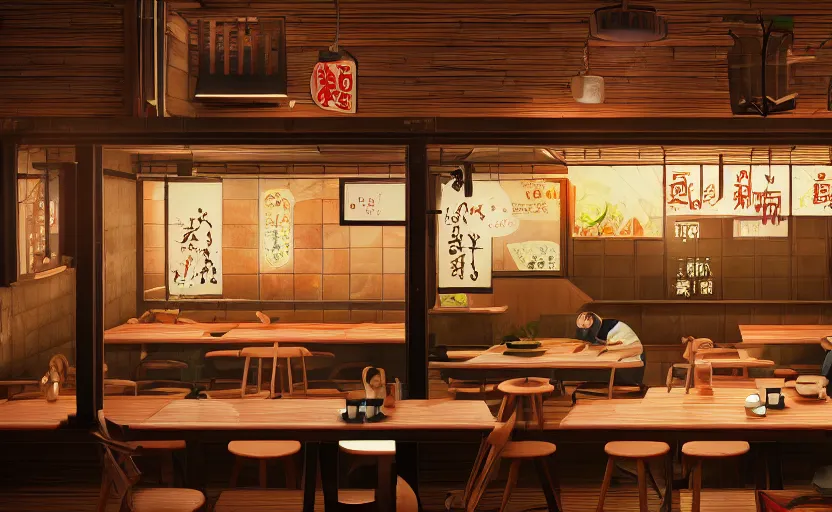 Image similar to a small cozy ramen restaurant at night, trending on cgsociety, unreal engine, 4 k wallpaper