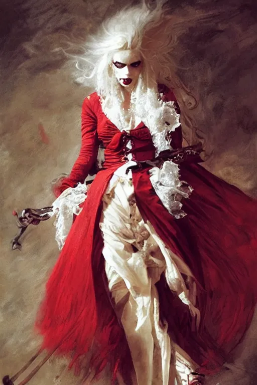 Image similar to a vampire with long light white hair and a red scarf, windy, ribbons, melancholic, modern maximalist harlequin fashion dress, is ( ( holding a golden sword ) ). light dust, magnificent, hyperdetailed, theatrical, painted by jean honore fragonard and greg rutkowski