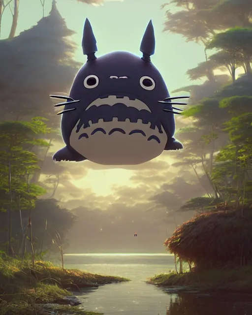 Image similar to highly detailed surreal vfx portrait of totoro in a seaside village, stephen bliss, unreal engine, greg rutkowski, loish, rhads, beeple, makoto shinkai and lois van baarle, ilya kuvshinov, rossdraws, tom bagshaw, alphonse mucha, global illumination, detailed and intricate environment