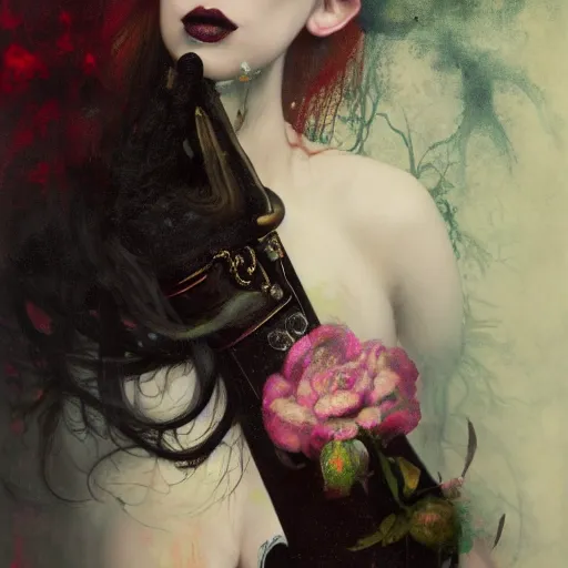 Prompt: portrait of a medieval chelsea wolfe, goth punk, floral flowers, rainbow colors, surreal, a flemish baroque by alexander mcqueen, art by john collier by greg rutkowski and craig mullins, oil on canvas
