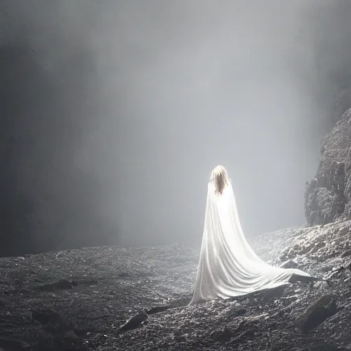 Image similar to photo, a woman in a giant flowing incredibly long dragging white dress made out of white smoke, standing inside a dark western rocky scenic landscape, volumetric lighting