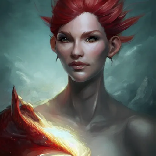 Prompt: draconic girl, portrait, highly detailed, trending on artstation, d & d, concept art, sharp focus, red hair, illustration, digital painting, art by artgerm and greg rutkowski and magali villeneuve