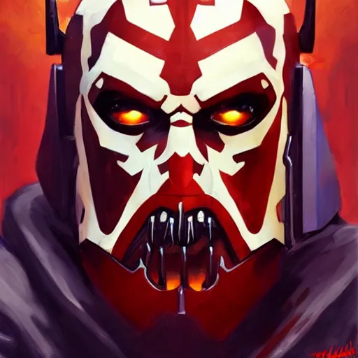 Image similar to greg manchess portrait painting of armored darth maul as overwatch character, medium shot, asymmetrical, profile picture, organic painting, sunny day, matte painting, bold shapes, hard edges, street art, trending on artstation, by huang guangjian and gil elvgren and sachin teng