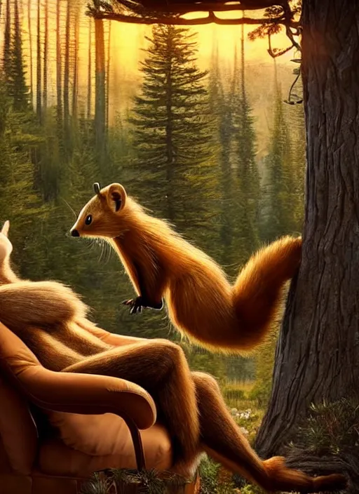 Prompt: A beautiful scene from a 2022 fantasy film featuring a humanoid pine marten wearing loose clothing reading on a couch. An anthropomorphic pine marten. Golden hour.