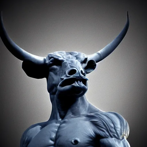 Prompt: sculpture of moloch, digital art, classical art, sharp focus, clear sky, muscular bull headed man, twilight sky