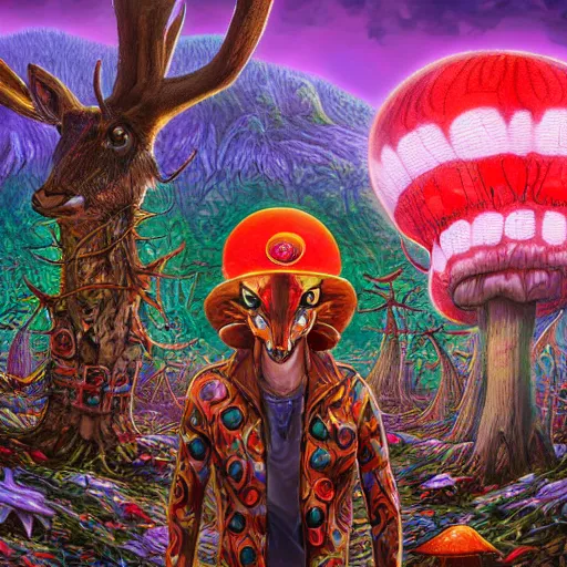 Image similar to 4 k headshot portrait of a psychedelic demonic anthropomorphic deer with mushroom themed clothes, magic mushroom village in background by jeff easley, award winning, stylized neon, post - processing, masterpiece, superb resolution. in the art style of junji ito and greg rutkowski. detailed mushroom city in background. hyper realistic anime. perfect art. dalle 2