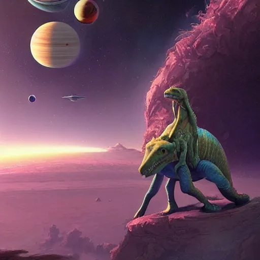 Image similar to Astronauts and green aliens are riding some dinosaurs on saturn's ring and saturn is as background, by Jordan Grimmer digital art, trending on Artstation,