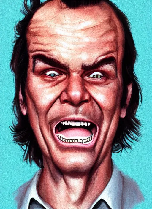 Image similar to young jack nicholson as jack torrance from the shining ( 1 9 8 0 ) portrait illustrated by rossdraws, calm depressed expression, vivid colors, soft lighting, digital artwork 4 k, best of artstation
