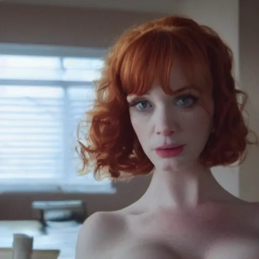 Image similar to a very surprised looking beautiful christina hendricks in a miniskirt in the living room, film still from the movie directed by denis villeneuve, wide lens