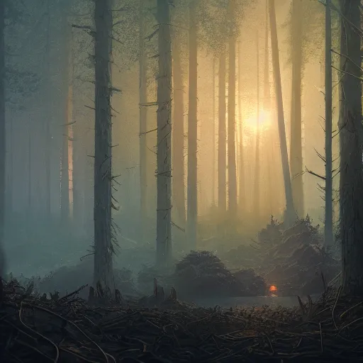 Prompt: the end of the forest, illustrated by Simon Stålenhag and Gustave Doré, 35mm lens, beautiful volumetric lighting style atmosphere, intricate, ultra detailed, photorealistic, trending on artstation, 4k, 8k