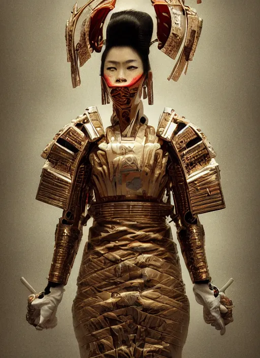 Image similar to portrait of a futuristic samurai geisha cyborg, kintsugi, modern fine art, fractal, intricate, elegant, highly detailed, digital photography, parallax, subsurface scattering, in the style of ghost, by jheronimus bosch and greg rutkowski,