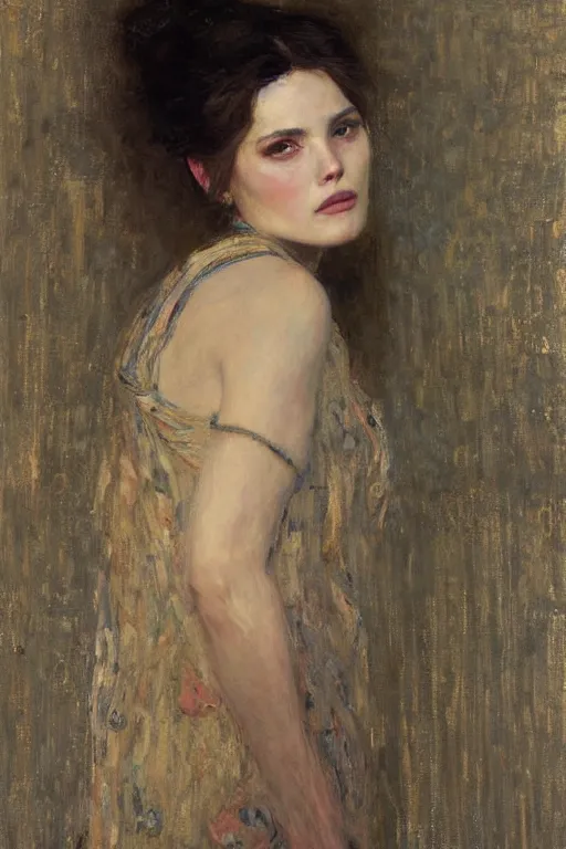 Image similar to Richard Schmid and Jeremy Lipking and Gustav Klimt full length portrait painting of a young beautiful woman