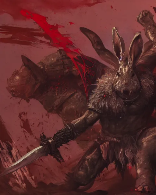 Prompt: Rabbit Berserker, rage, maniac, war paint, red, Khorne, magic the gathering artwork, D&D, fantasy, cinematic lighting, centered, symmetrical, highly detailed, digital painting, artstation, concept art, smooth, sharp focus, illustration, volumetric lighting, epic Composition, 8k, art by Akihiko Yoshida and Greg Rutkowski and Craig Mullins, oil painting, cgsociety