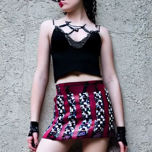 Prompt: teen goth girl in mini skirt and crop top, intricate, extremely detailed, modeling photography, teen