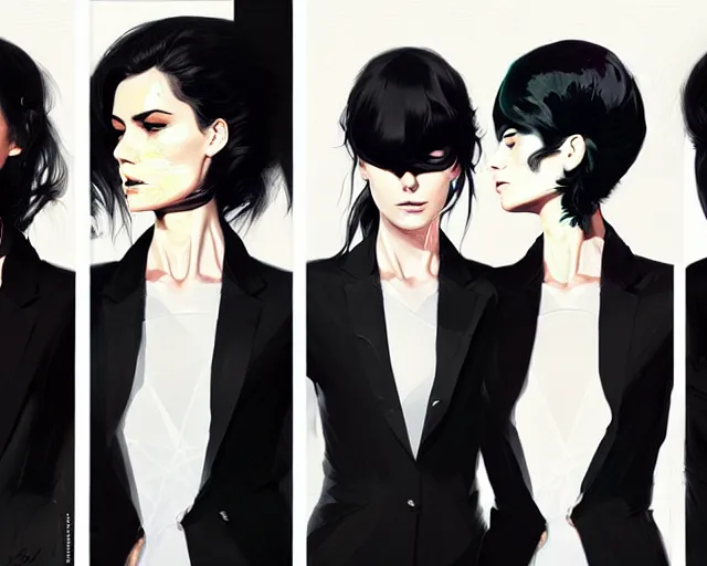 Prompt: a ultradetailed portrait painting of three women in black suits, by conrad roset, greg rutkowski and makoto shinkai trending on artstation