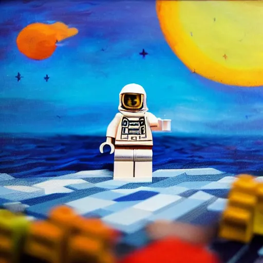 Image similar to lego blocks painting of astronaut in the ocean, skies, realistic, colorful, positive vibes, cinematic, 3 d, hd