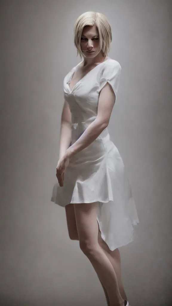 Prompt: emily skinner cosplaying annie leonhart wearing open toe heels and wearing a white dress in a white room looking up, beautiful face, pale skin, rule of thirds, cinematic lighting, rainy weather, melancholy atmosphere, sharp focus, backlit, stunning, smooth, hard focus, full body shot, studio photo, shot on sony a 7 iii, hyper realistic,