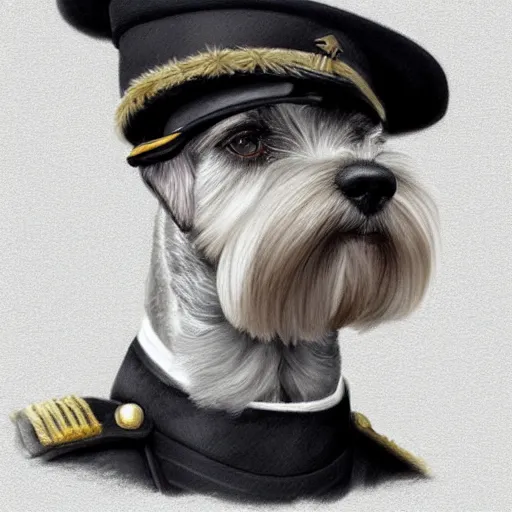 Image similar to portrait of stoic looking miniature schnauzer, military uniform, black fir, white eyebrows, fantasy, intricate, elegant, highly detailed, centered, dark, smokey, charcoal painting, digital painting, artstation, concept art, smooth, sharp focus, illustration, art by artgerm