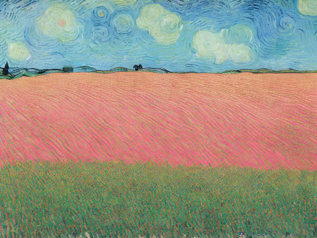 Image similar to pink and teal wheat field with cypresses, by van gogh and tim burton