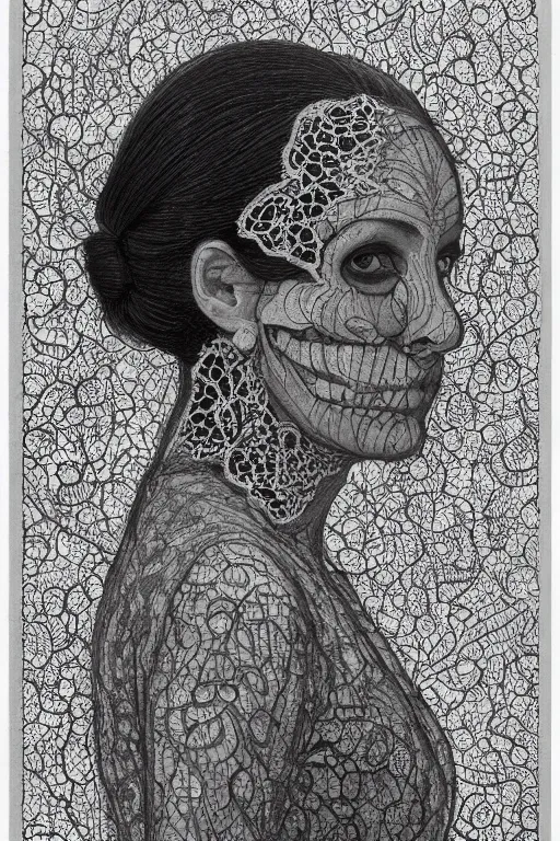 Image similar to a woman's face in profile, made of intricate lace skeleton, in the style of the dutch masters and gregory crewdson, dark and moody