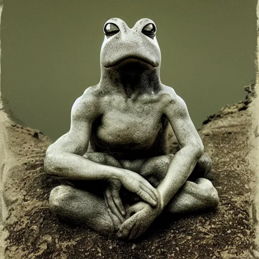 Image similar to toad philosopher The Thinker, swamp, by Auguste Rodin, symmetric, by Irving Penn, bokeh , top cinematic lighting , cinematic mood, very detailed, shot in canon