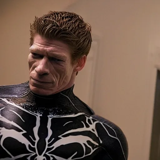 Image similar to film still of Thomas Haden Church as Eddie Brock wearing Venom costume without headpiece in Spider-man 3 2007, 4k