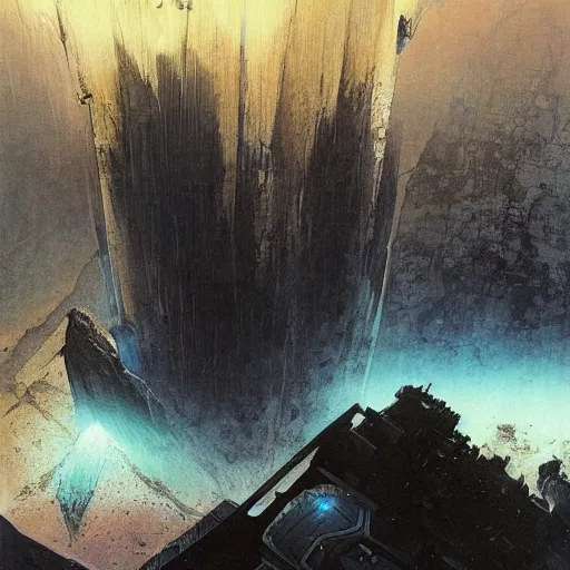 Image similar to view from a plain of a black arcology driven like a spear into the glacier, rust-colored waterfalls pouring from its upper balconies, blue radiation glow beneath, science fiction concept art by Greg Rutkowski and Moebius and Beksinski and Le Corbusier