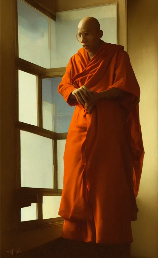 Image similar to portrait of a blind monk in a spaceship, looking out the window, orange robe, dramatic lighting, artstation, matte painting, johannes vermeer