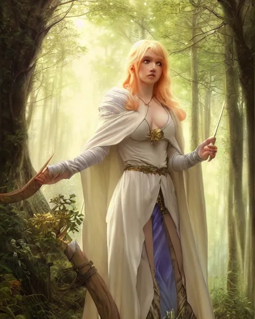 Image similar to blonde young mage casting a spell wearing a heavy cloak and chemise in the forest, fantasy character portrait, ultra realistic, intricate, elegant, highly detailed, digital painting, artstaion, smooth, sharp, focus, illustration, art by artgerm and greg rutkowski and alphonse mucha