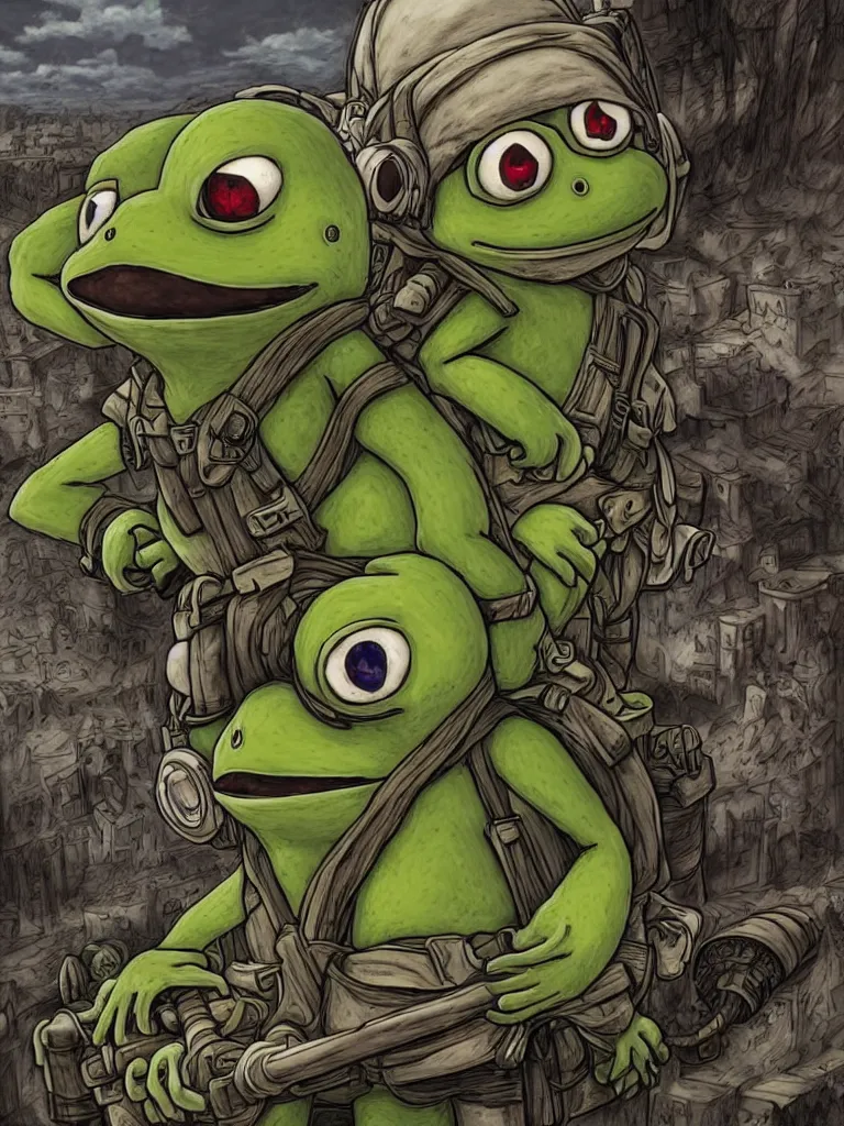 Image similar to resolution 4k worlds of loss and depression made in abyss design pepe the frog fighting in the civil war war , battlefield darkness military drummer boy , desolated city ivory dream like storybooks, fractals , pepe the frog , art in the style of and Oleg Vdovenko and Gustave dore and Akihito Tsukush