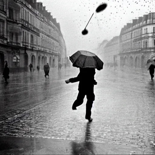 Image similar to the man leaping with an umbrella in a raining paris street, by henri cartier bresson,