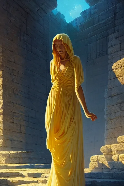 Image similar to possessed woman wearing an ancient greek tunic made of yellow paper, stephen bliss, unreal engine, fantasy art by greg rutkowski, rhads, ferdinand knab, makoto shinkai and lois van baarle, ilya kuvshinov, rossdraws, tom bagshaw, global illumination, radiant light, ancient greek temple ruins