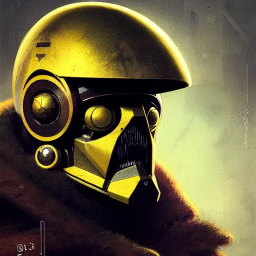 Image similar to portrait of a mutant chronicles bauhaus doomtrooper, on his helmet is a yellow smiley sticker by greg rutkowski