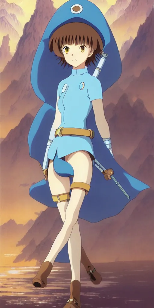 Image similar to anime art full body portrait character nausicaa by hayao miyazaki concept art, anime key visual of elegant young female, short brown hair and large eyes, finely detailed perfect face delicate features directed gaze, valley and mountains background, trending on pixiv fanbox, studio ghibli, extremely high quality artwork by kushart krenz cute sparkling eyes