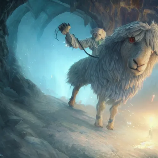 Image similar to Anthropomorphized Sheep casting epic spell, magic the gathering artwork, D&D, fantasy, cinematic lighting, centered, symmetrical, highly detailed, digital painting, artstation, concept art, smooth, sharp focus, illustration, volumetric lighting, epic Composition, 8k, art by Akihiko Yoshida and Greg Rutkowski and Craig Mullins, heroic pose, oil painting, cgsociety, magic lab background