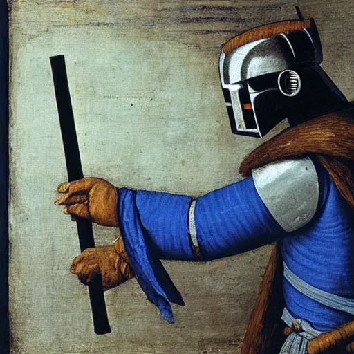 Image similar to a paint of a knight welding a blue lightsaber by Leonardo da Vinci