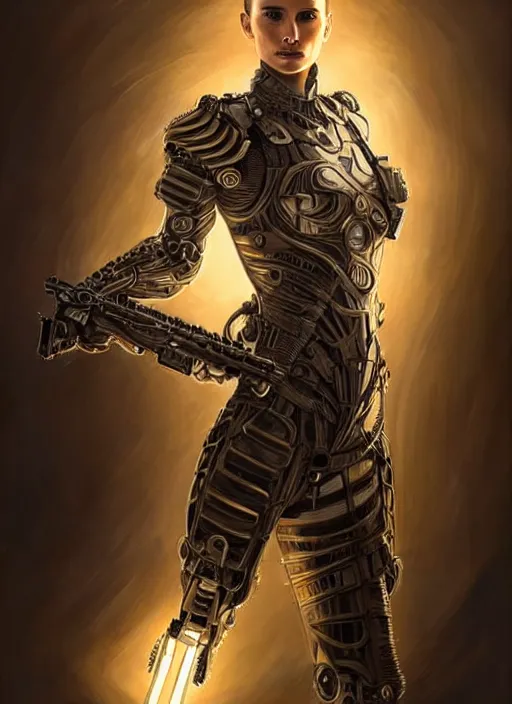 Prompt: portrait of a beautiful female soldier from the future wearing biomechanical armor, natalie portman, carrying a rifle, intricate, elegant, glowing lights in armor, highly detailed, digital painting, artstation, glamor pose, concept art, smooth, sharp focus, illustration, epic angle, art by artgerm and greg rutkowski, artey freytag, alvin schwartz