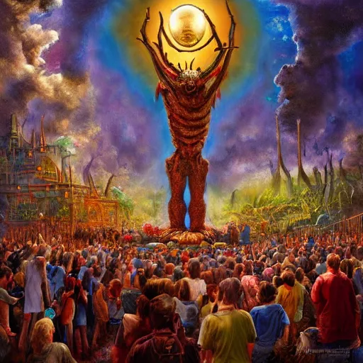 Prompt: assembled crowds worship a terrifying new god emerging from the sky, on ancient post - apocalyptic planet, jim henson creature shop, vivid and colorful, thomas kincaid, cinematic, oil painting, highly detailed, illustration