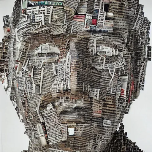 Image similar to portrait constructed from newspaper clips, layered composition, layers, texture, mcu, newspaper, highly textured, layered, sculpted, dynamic,