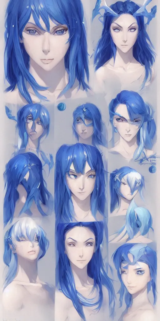 Prompt: character design sheet, beautiful anime style blue hair young mermaid girl with a blue skin and gorgeous faces, high fashion, artstation, concept art, sharp focus, illustration, beautiful light and shadows, art by artgerm and greg rutkowski and lin hsiang and krenz cushart and jean giraud
