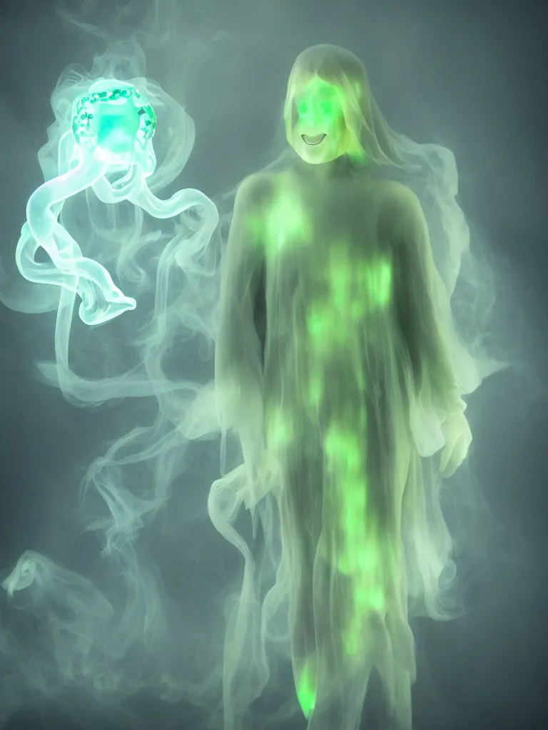 Image similar to cute fumo plush smiling ectoplasmic gothic macabre green jellyfish ghost girl, glowing milky wisps of hazy smoke and volumetric fog, lens flare, subsurface scattering, vignette, asymmetry, bokeh, refraction, vray