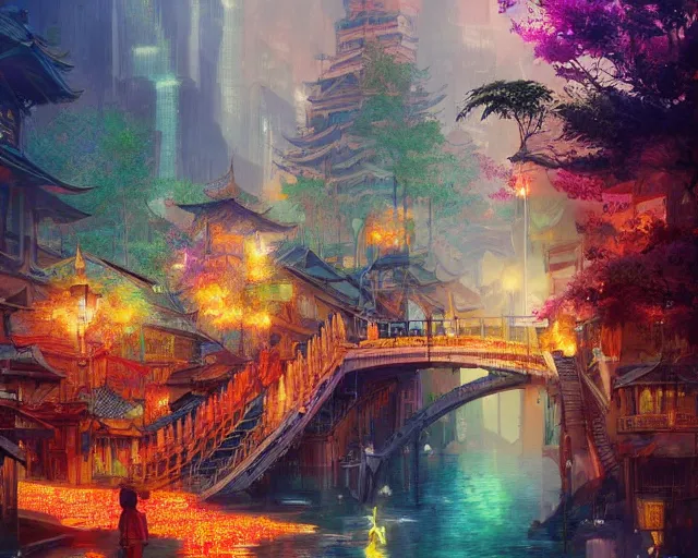 Image similar to great, colorful kitsune city, bamboo, fountain, anime, a fantasy digital painting by Greg Rutkowski and James Gurney, trending on Artstation, highly detailed