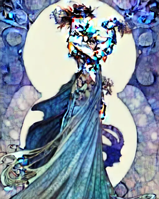 Image similar to in the style of artgerm, arthur rackham, alphonse mucha, phoebe tonkin, symmetrical eyes, symmetrical face, flowing blue skirt, full entire body, hair blowing, intricate filagree, hidden hands, warm colors, cool offset colors