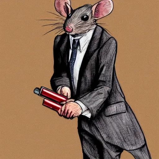 Image similar to hyperrealistic rat in a suit smoking a cigarette after a long day of worm