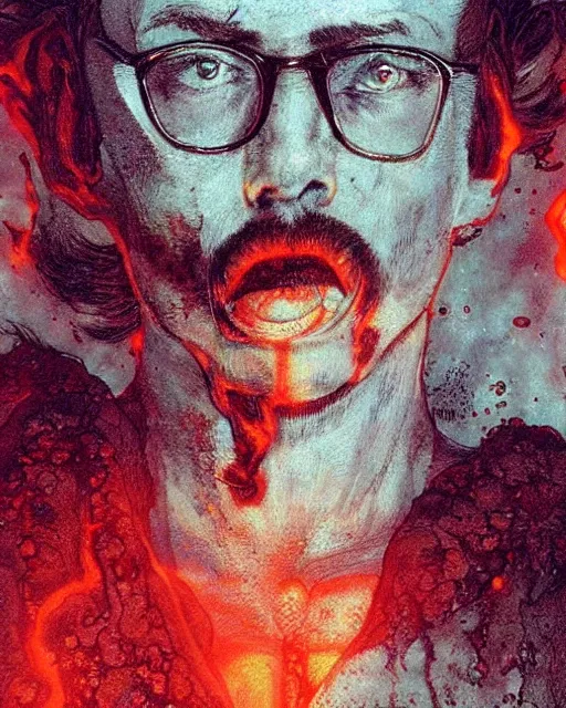 Image similar to sam hyde emerging from volcanic lava in cyberpunk theme by conrad roset, nicola samuri, dino valls, m. w. kaluta, rule of thirds, sigma male, gigachad look, beautiful