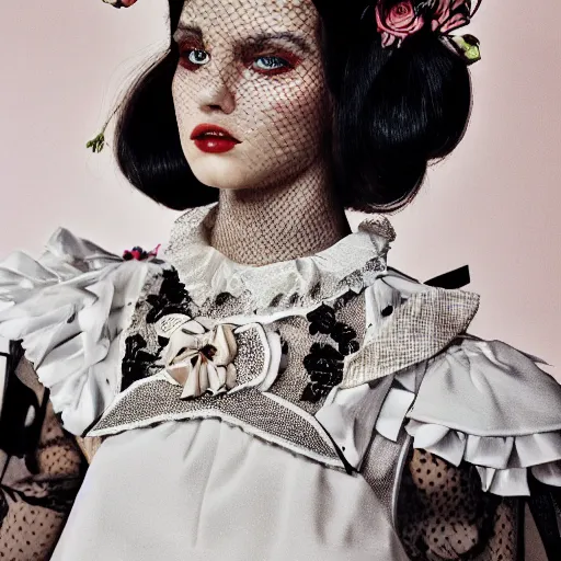 Image similar to close up of a fashion model with french maid dress, official valentino editorial, highly detailed