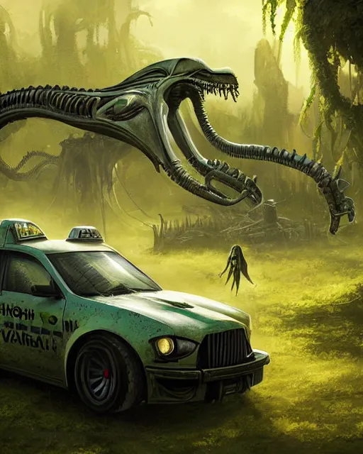 Image similar to xenomorph taxi car in a fantasy village, calming, uplifting mood, ultra realistic, farm, small buildings, alien car, highly detailed, atmosphere, masterpiece, epic lighting, elves, green plants, magic, illuminated, 4 k, cinematic, morning sun, art by eddie mendoza, sylvain sarrailh