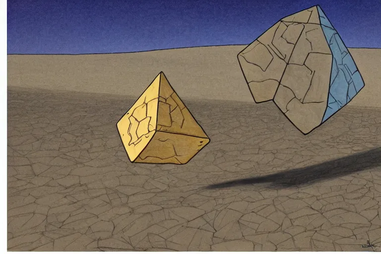 Image similar to giant stone octahedron floating above the desert concept sketch by joe johnston and nilo rodis - jamero and ralph mcquarrie and norman reynolds