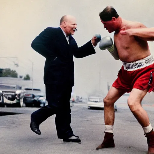 Image similar to Modern color photography of two different people fighting, Bruce Willis punching Winston Churchill